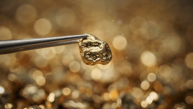 A pair of tweezers holding a small piece of natural gold nugget