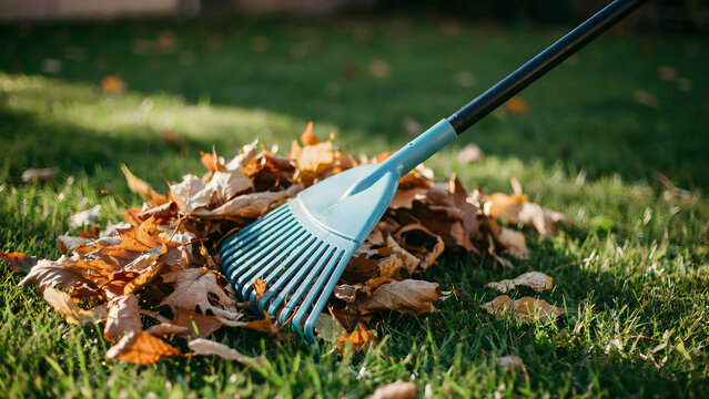 A garden rake cleaning up a pile of fallen autumn leaves on green grass