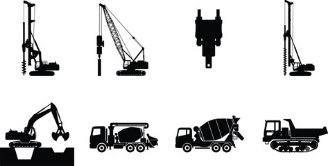 Obraz premium Collection of Black Silhouette Illustrations of Heavy Construction Machinery and Excavation Equipment