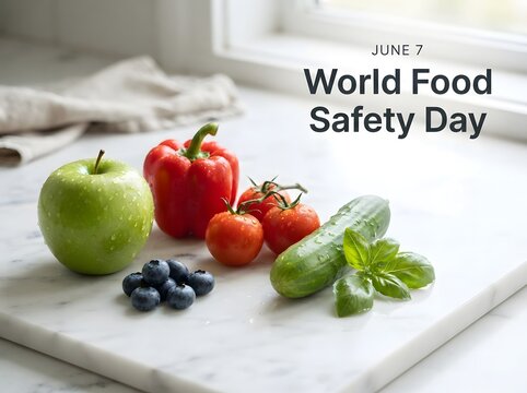 Fresh fruits and vegetables on a kitchen counter for world food safety day on june 7