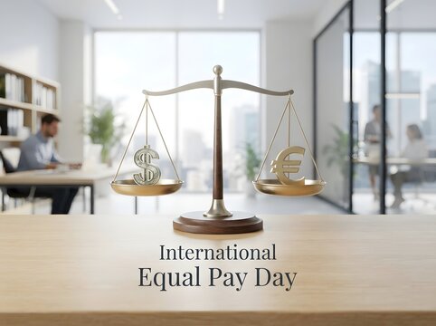 Scales of justice with dollar and euro signs representing international equal pay day