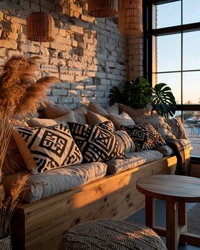 Cozy cafe interior corner with African mudcloth pillows and rustic decor