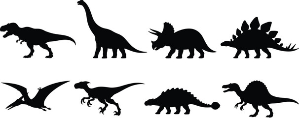 Dinosaur Silhouette Icons Set with Tyrannosaurus Triceratops Stegosaurus and Prehistoric Reptiles Collection © MDSAMEUL