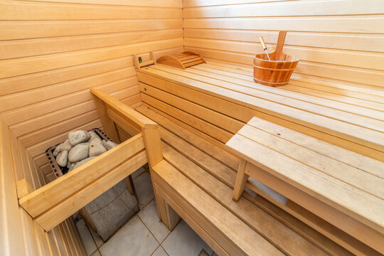 Interior of a traditional wooden Finnish sauna or Russian banya in Karelia, Russia