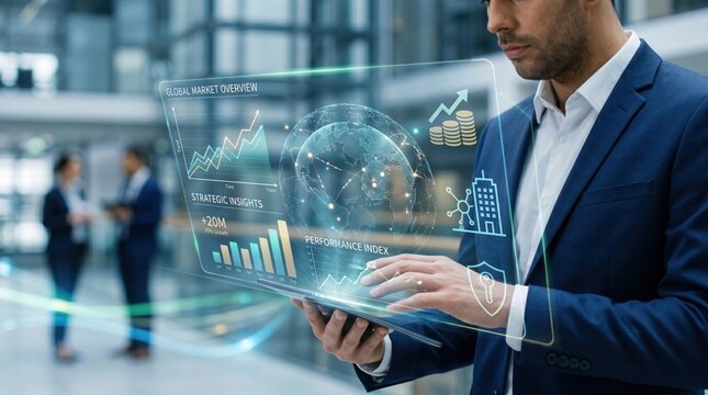 Businessman analyzing global market overview and strategic insights on futuristic holographic interface, corporate strategy, financial growth charts, performance index, digital ...
