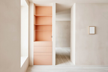Fototapeta premium Simple minimal room interior with built in shelving and soft neutral palette