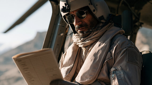 A Pakistani helicopter pilot in flight suit completes pre-departure checklist in cockpit, rotor blades visible through windshield, mountain terrain below, aviation safety