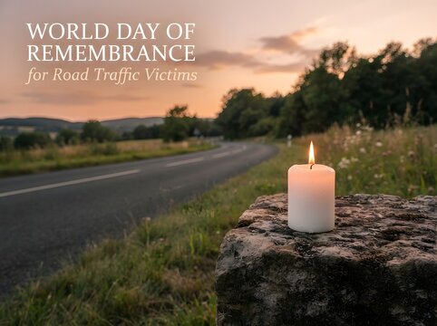 Lit candle on a stone wall by a road for world day of remembrance for road traffic victims