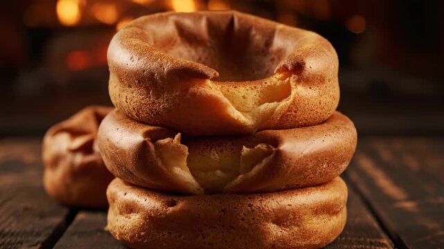 Yorkshire pudding stacked artistically on rustic wood surface