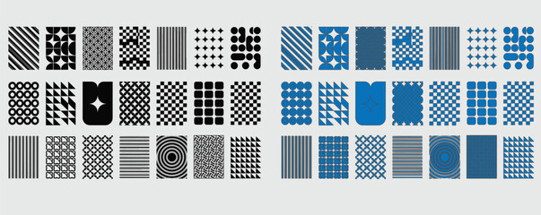 Fototapeta premium Set of abstract geometric seamless patterns with diverse black and blue shapes, geometric