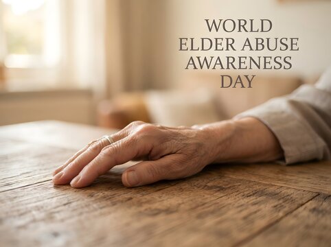 World elder abuse awareness day text with hand resting on wooden table for social support