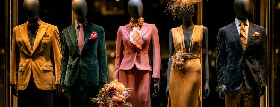 Stylish formal wear displayed in shop window with colorful mannequins  