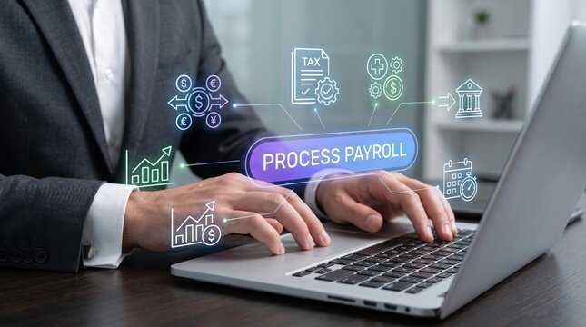 Businessman Processing Payroll On Laptop, Financial Management Concept, Tax And Salary Calculation, Corporate Finance Administration, Accounting Software Interface, Digital Paym...