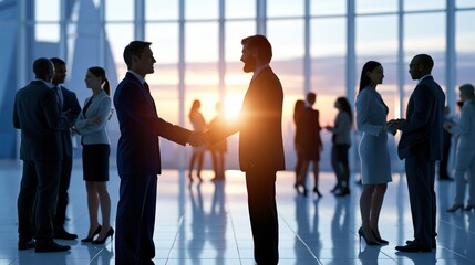 Fototapeta premium Business professionals shaking hands during a sunset meeting in a modern office with diverse colleagues observing