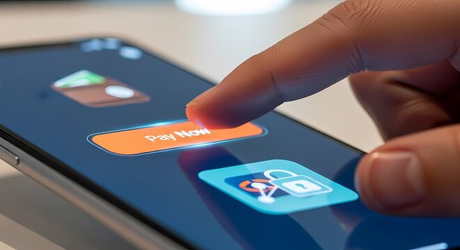 Finger presses 'Pay Now' button on a smartphone for online payment, digital transaction