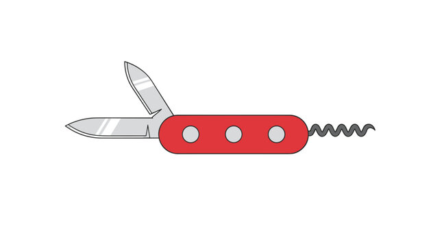 Red Swiss Army style pocket knife with two sharp blades and a corkscrew open against a plain white background.