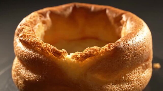 Crispy Yorkshire pudding close-up rotating on table