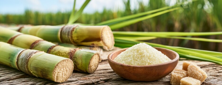 Sugar cane stalks with raw sugar on wooden table against plantations