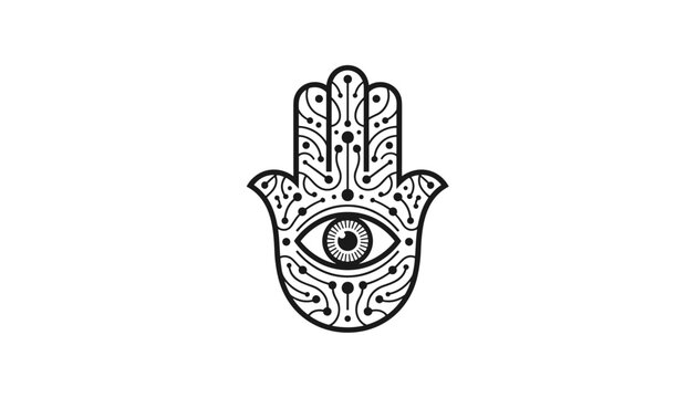Tech hamsa hand symbol with an eye in the center, featuring intricate circuit board line patterns in black and white.