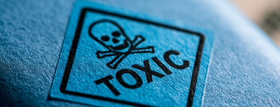 Warning sticker with skull and toxic symbol on blue background  