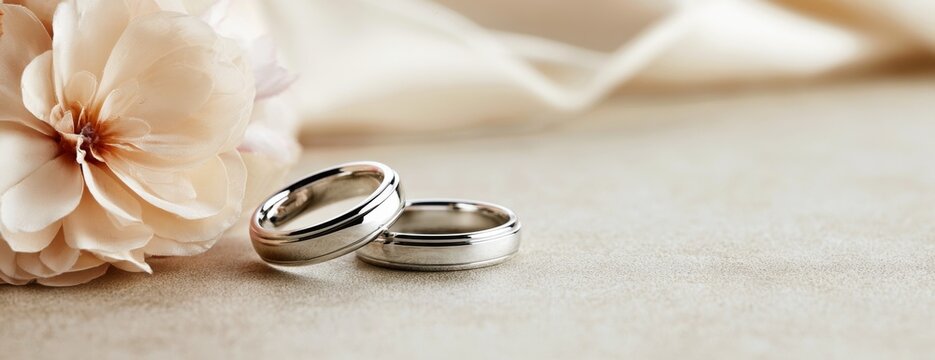 Wedding rings and flower on soft aesthetic background with fabric texture  