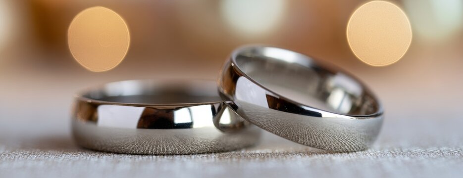 Silver wedding rings on soft surface with blurred lights background  
