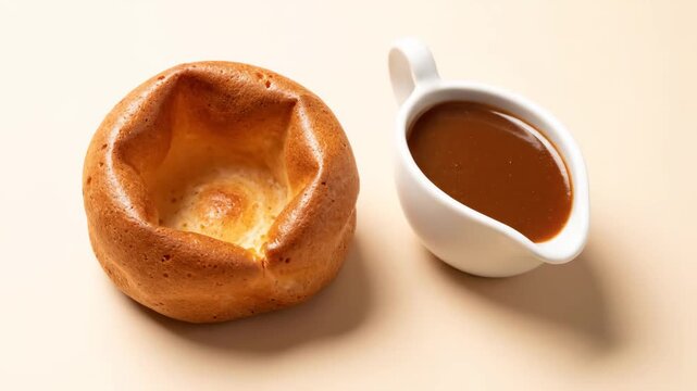 Yorkshire pudding with gravy bowl on beige background