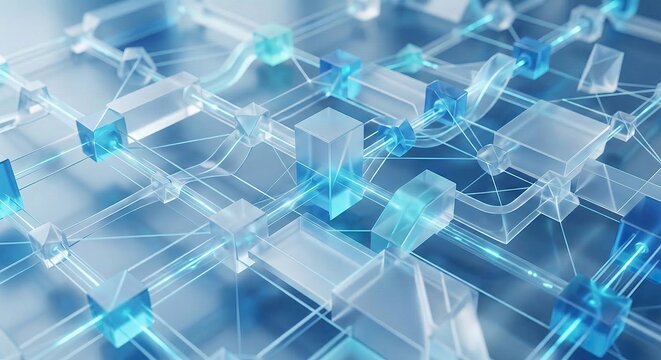 Abstract blue digital network technology background with glowing nodes and connections, futuristic data flow visualization for innovation concepts.