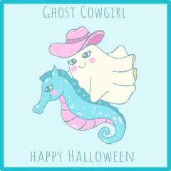 Cute kawaii ghost cowgirl floating with blue seahorse, hand drawn Halloween clipart illustration © Small Smiles_dimple