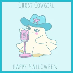 Cute kawaii ghost cowgirl singing into vintage microphone, hand drawn Halloween clipart illustration © Small Smiles_dimple