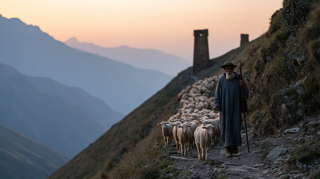 A Georgian mountain shepherd descends a steep rocky trail with a flock at dusk, ancient stone watchtowers silhouetted against an amber sky, pastoral agriculture, Caucasus rural
