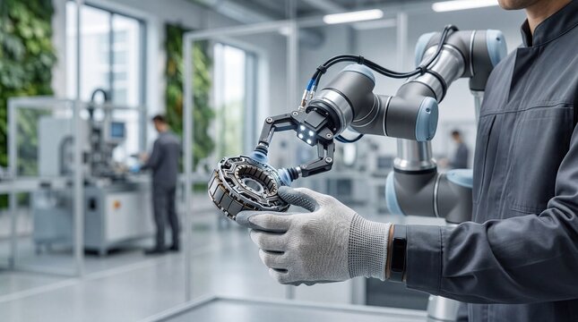 Advanced robotic arm assembling mechanical bearing part in smart factory, industrial automation, manufacturing technology, engineer inspecting component, future of industry 4.0,...