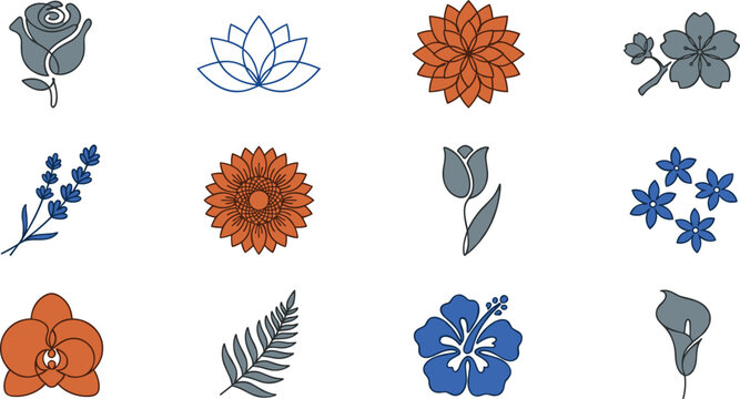Floral Vector Illustration Set with Editable Strokes and Blossom Icons