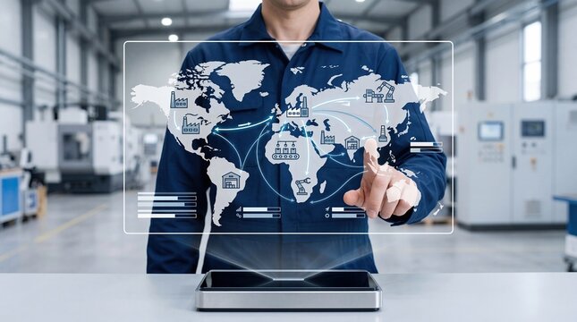 Industrial worker interacting with holographic world map showing global supply chain logistics, smart factory automation and international trade network connection concept