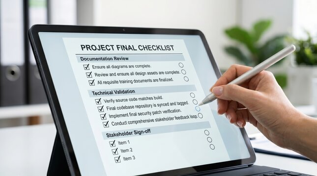 Project final checklist on tablet screen with documentation review and technical validation tasks, stakeholder sign-off process for successful project completion and quality ass...
