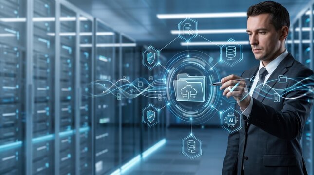 Businessman managing cloud computing data storage in modern server room, digital file organization and artificial intelligence network security technology concept for enterprise...