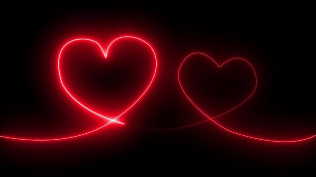 Neon Line Heart Shape Drawn on with Full Loop-Ready Rotation Plus Flashing Loop. love card neon glowing icon. neon glowing Two love hearts. 4k