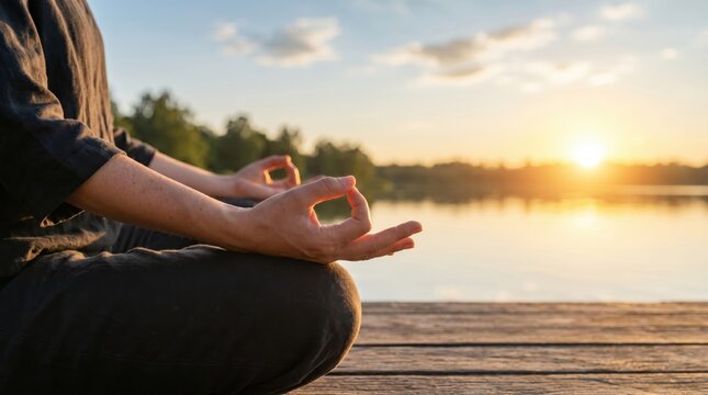 Man meditating in lotus position on wooden dock by lake at sunset, peaceful mindfulness and yoga practice outdoors, serene nature background for spiritual wellness and mental he...