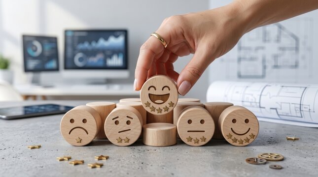 Hand choosing positive feedback wooden block with smiley face, customer satisfaction survey and service quality rating concept, business review stars and client experience measu...