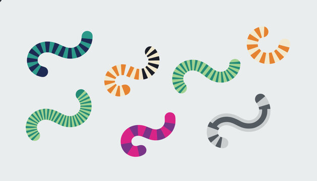 Cute set of seven colorful striped worms and caterpillars crawling, isolated on a minimalist light grey background.