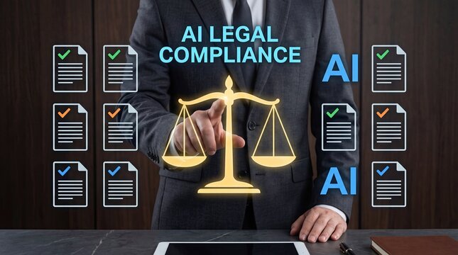 Businessman interacting with holographic scales of justice and AI legal compliance icons, representing artificial intelligence regulation, ethical guidelines, and automated docu...