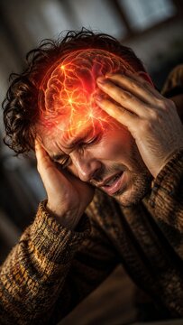 Man suffering from severe migraine with glowing brain illustration. Stress headache and neurological pain concept. Healthcare and medicine visualization of acute head ache symptom.
