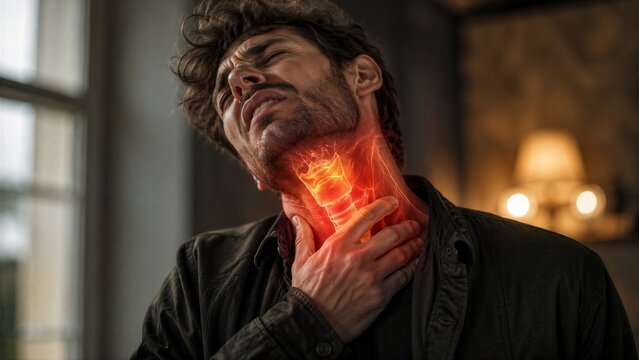 Man feeling sore throat pain with visual red inflammation highlight. Concept of health issue, viral infection, laryngitis or pharyngitis. Medical symptom illustration for healthcare.