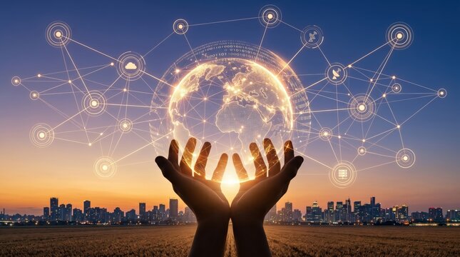 Futuristic digital earth globe with network connections held in human hands over city skyline at sunset, representing global technology, innovation, and connectivity concept