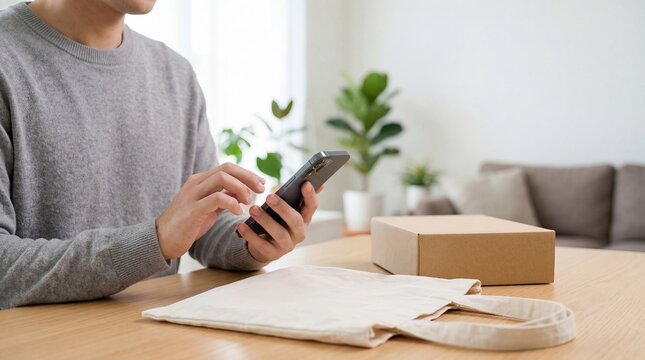 Man using mobile phone for online shopping at home, browsing e-commerce store on smartphone with delivery package box and tote bag on table, representing modern retail lifestyle...