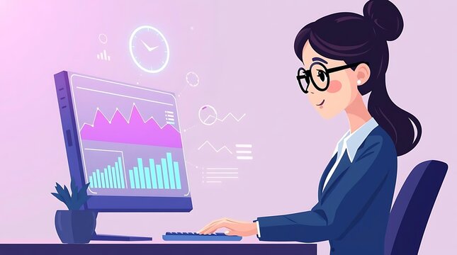 A charming flat illustration of a cute businesswoman, with simple vector shapes and two-dimensional design, analyzing charts on a computer screen