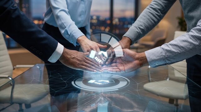 Team hands joined together over glass table with holographic handshake symbol, representing business partnership, agreement, and successful corporate collaboration.