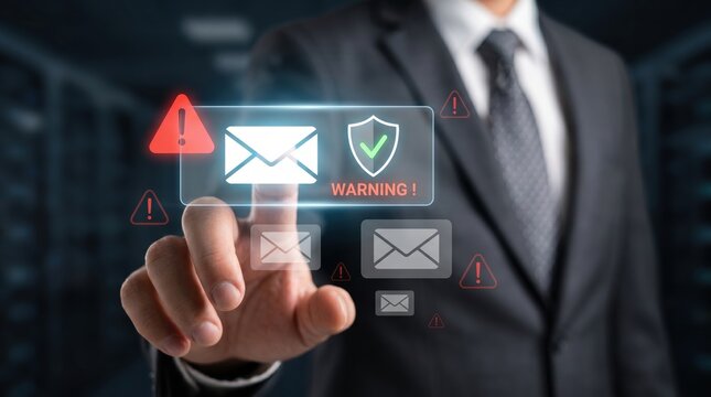 Businessman touching virtual screen with email security warning alert icon, cybersecurity threat protection concept showing shield and danger sign for spam filter, phishing atta...
