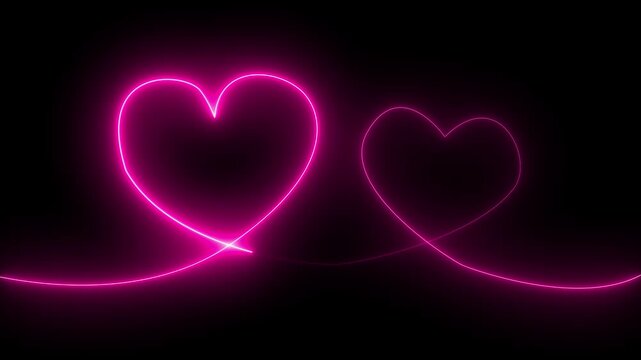 Neon Line Heart Shape Drawn on with Full Loop-Ready Rotation Plus Flashing Loop. love card neon glowing icon. neon glowing Two love hearts