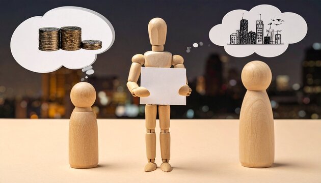 Wooden Mannequin Figures and Peg Dolls with Thought Bubbles Showing Money Stacks and City Skyline Sketches Against a Blurred City Night Background